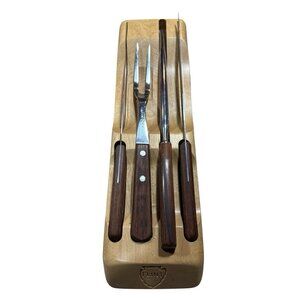 Vintage Flint Stainless Vanadium Carving Knife Set, Wood handles w/ case 4pc